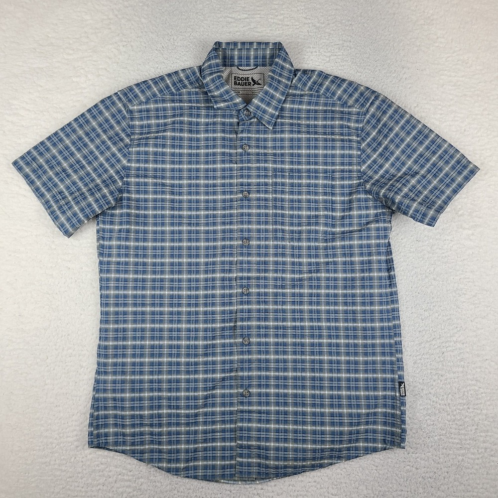 Eddie Bauer Shirt Mens Medium Blue Plaid Preppy Hawaiian Button Up Seersucker
